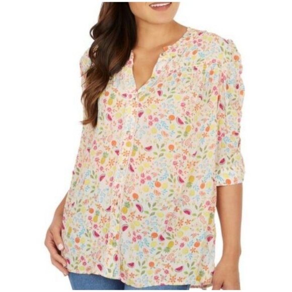 Democracy Multicolor Fruit Floral Print 3/4 Sleeve Button Down Blouse Size Large - Picture 1 of 8